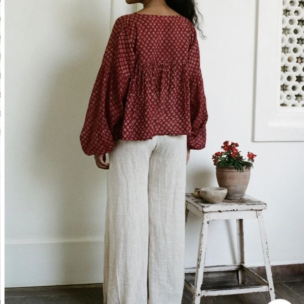 Daughters of India Burgundy Floral Billowy Peasant Blouse - Picture 7 of 13